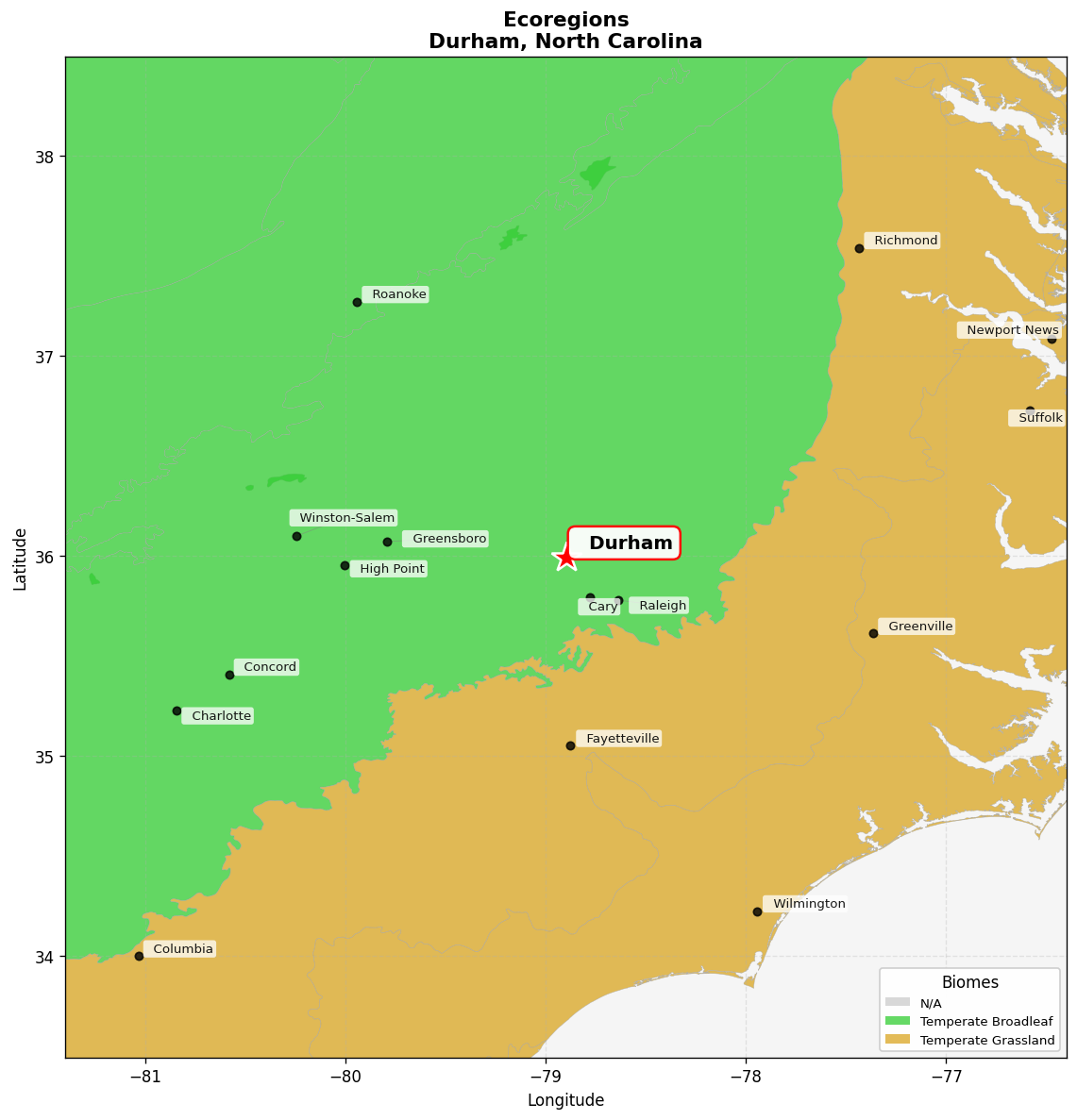 Appalachian Piedmont forests Ecoregion Map for Durham, NC